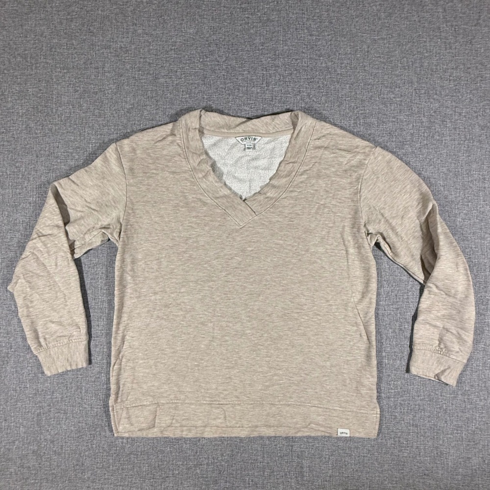 Orvis V-Neck Sweatshirt Womens Small Oatmeal Heather Fleece Pullover Gorpcore